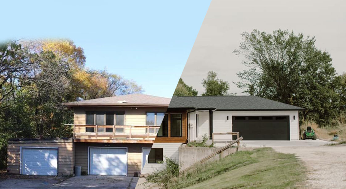 renovation side by side photo with old tan exterior on left and new white siding and black roof on the right side