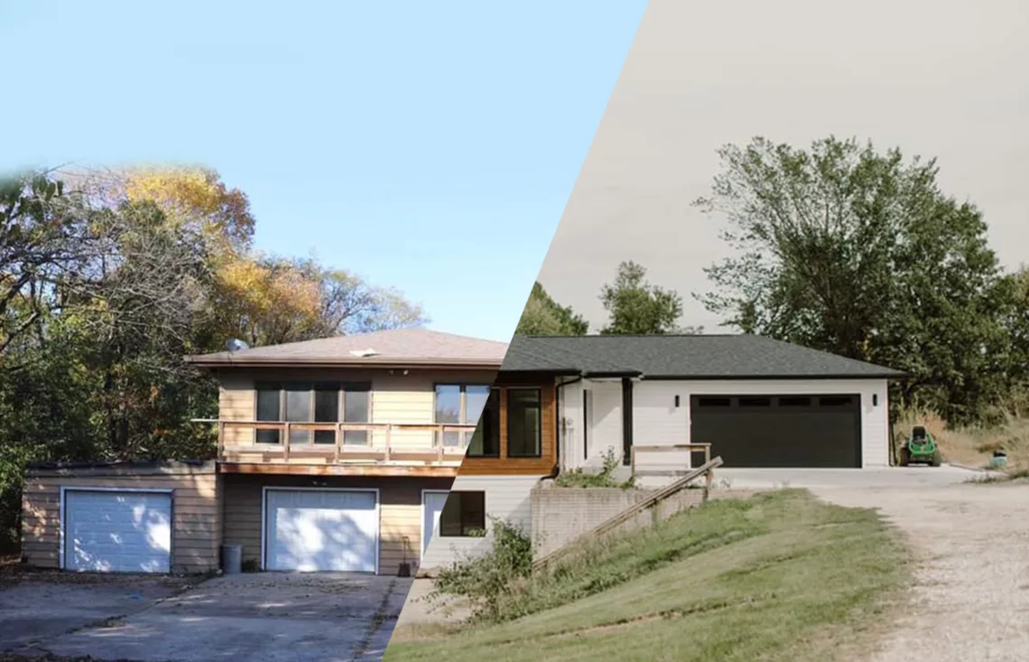 renovation side by side photo with old tan exterior on left and new white siding and black roof on the right side