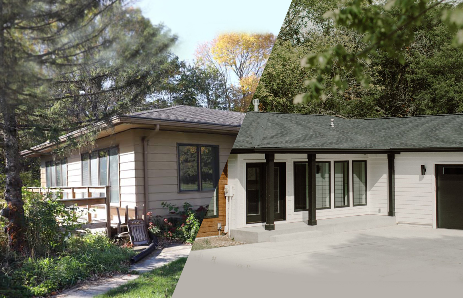 renovation side by side photo with old tan exterior on left and new white siding and black roof on the right side