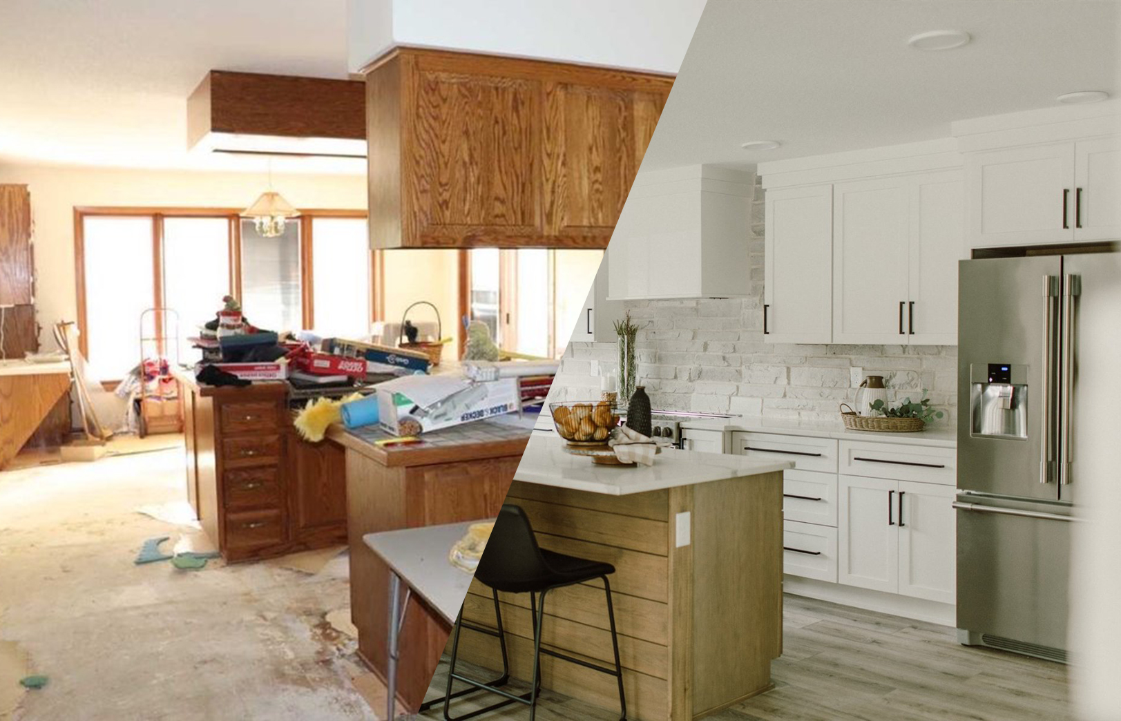 before and after renovation photo left side is messy old kitchen with orange cabinets, right side is white cabinets in new kitchen