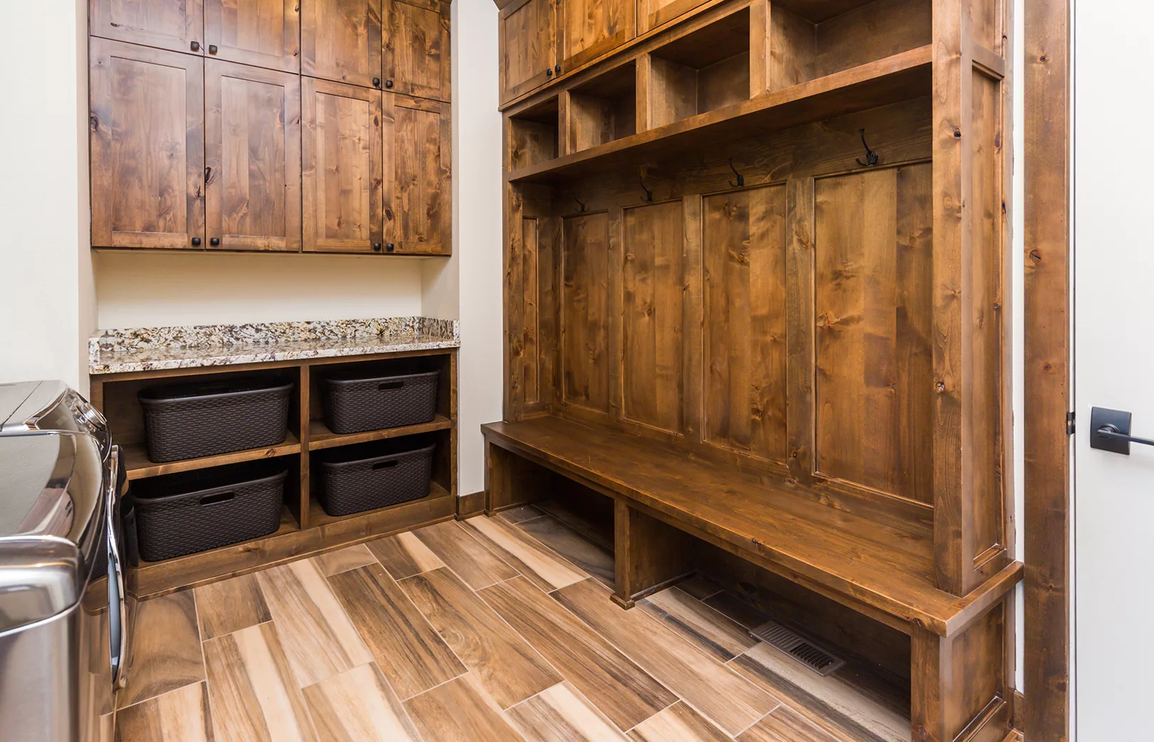 rustic wood mudroom and laundry room