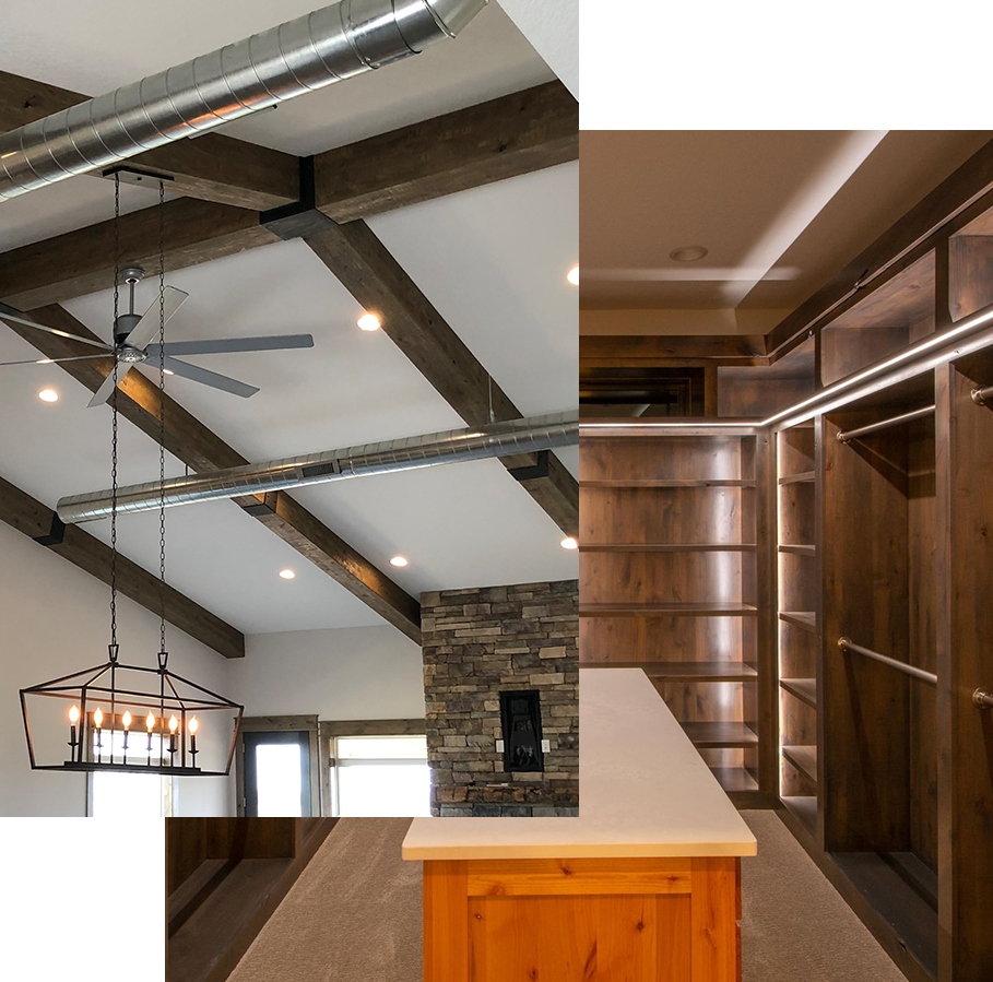 1 vaulted ceiling with large wooden beams and closet with built in lighting and island