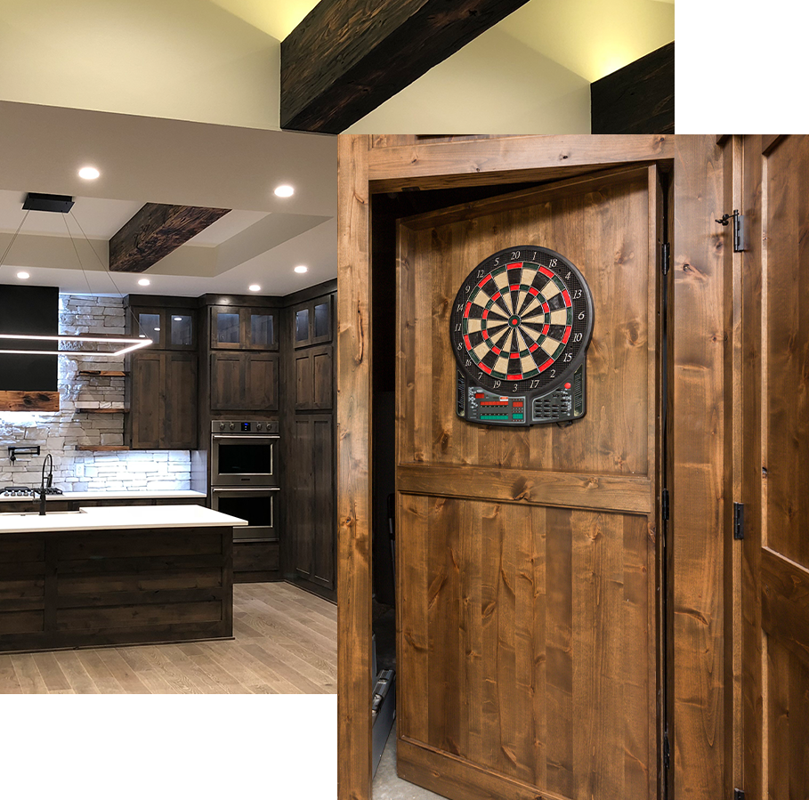 2 two photos one of rustic modern kitchen the other with hidden door behind a dart board