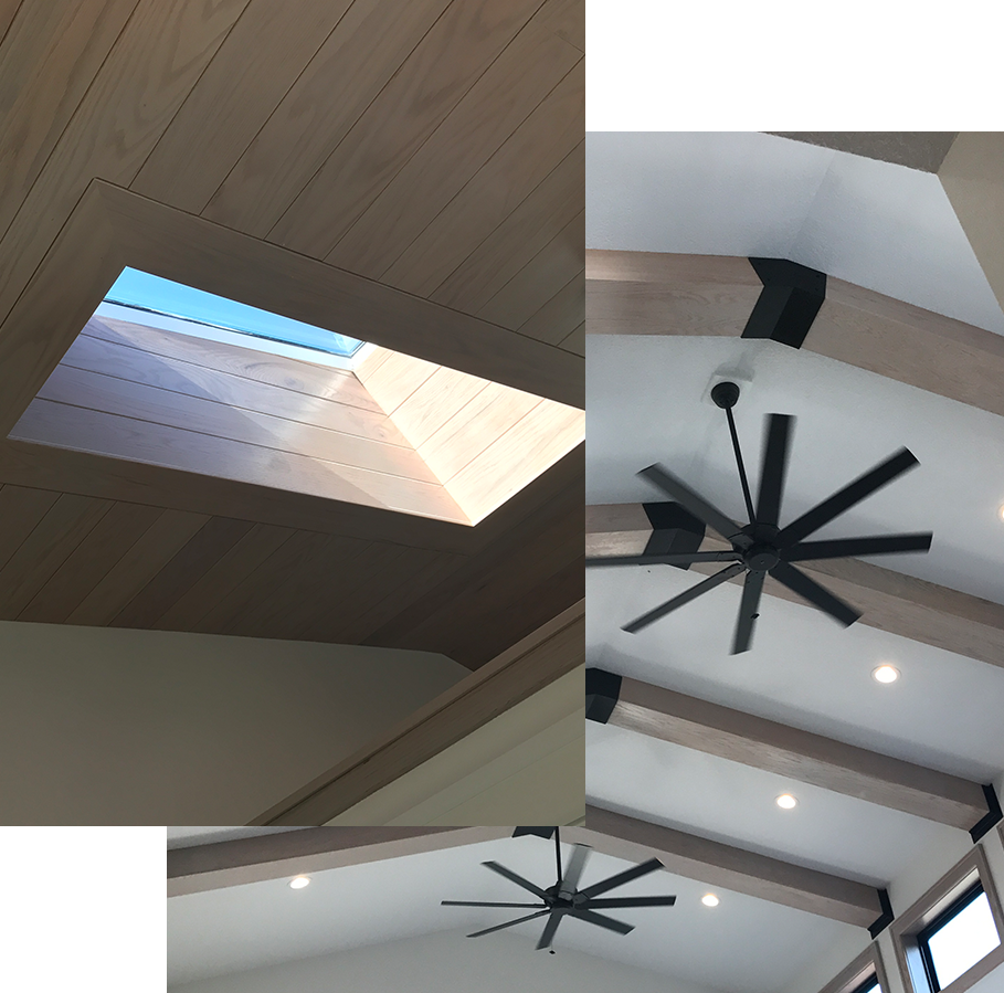 two photos one of skylight and other of large vaulted ceiling with black ceiling fans